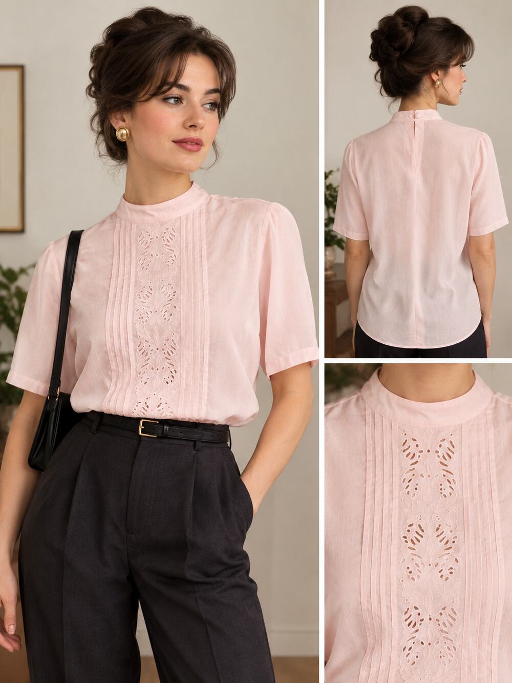 Yves St. Clair Pink Chiffon Blouse Pleated Butterfly Crew Neck Retro Office Sz12